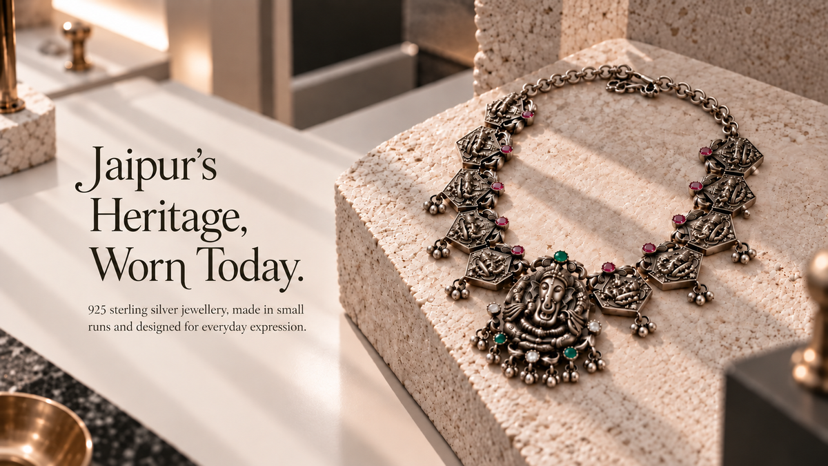 Handcrafted 925 sterling silver heritage necklace on stone display — Kshitiz Jewelers